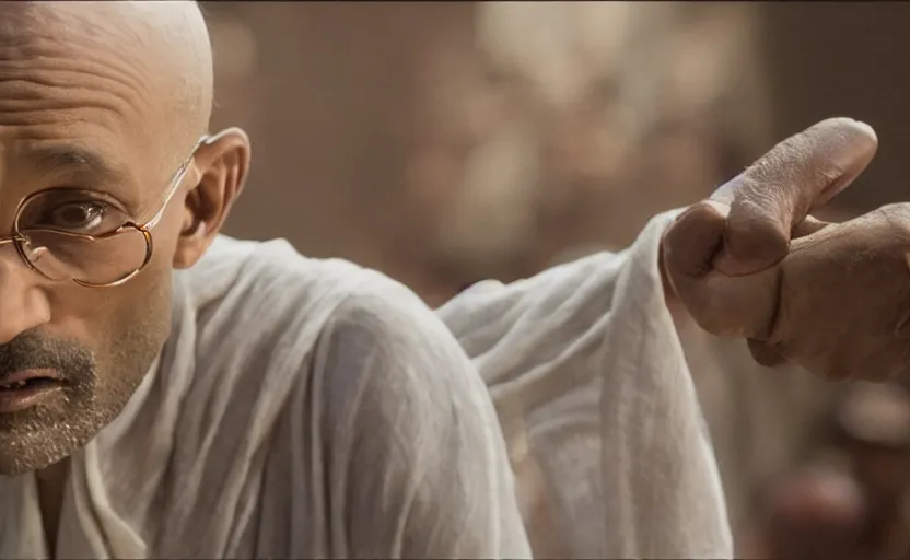 Image similar to Keegan-Michael Key as Mahatma Gandhi in 'Gandhi' (2017), movie still frame, oscar nominated cinematography, volumetric lighting, 8k resolution