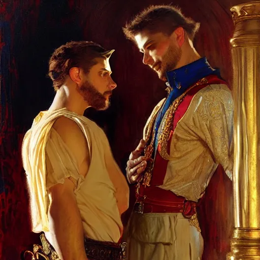 Prompt: attractive fully clothed king confesses his love for his attractive fully clothed male prince. highly detailed painting by gaston bussiere, craig mullins, j. c. leyendecker