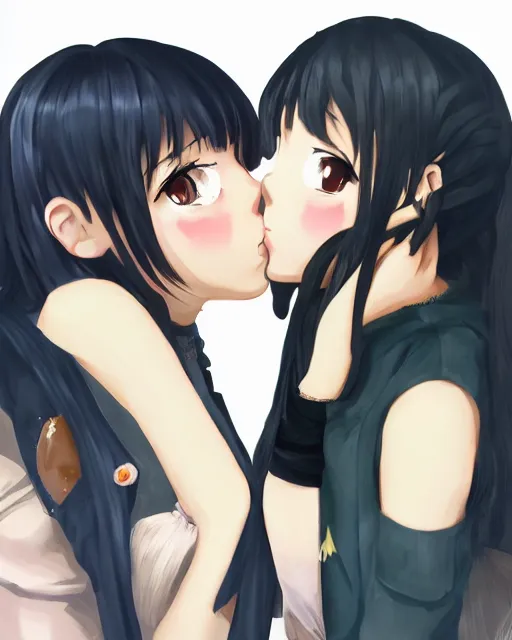 Image similar to portrait of two girls kissing, anime, trending on Artstation