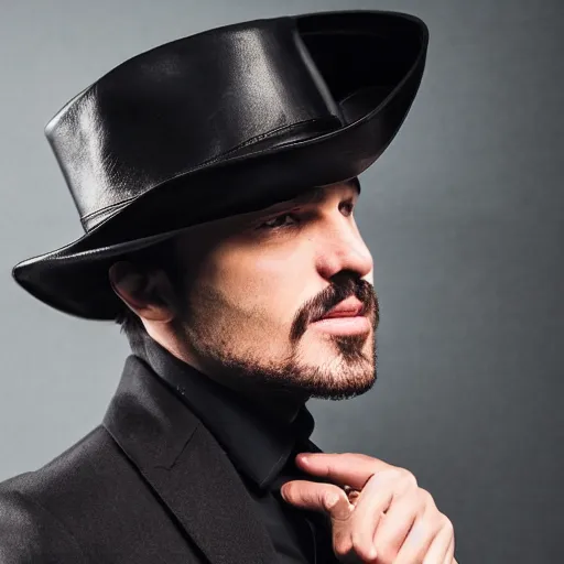 Image similar to a gentleman wearing a black leather hat, cinematic style