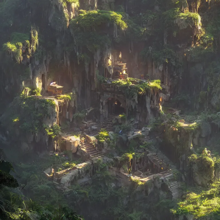 Image similar to secret overwatch living quarters carved inside a mountain surrounding a lush garden, trimmed, magical, natural light, fantasy, minimalist architecture, sharp focus, concept art, by greg rutkowski and craig mullins, atmospheric, octane render