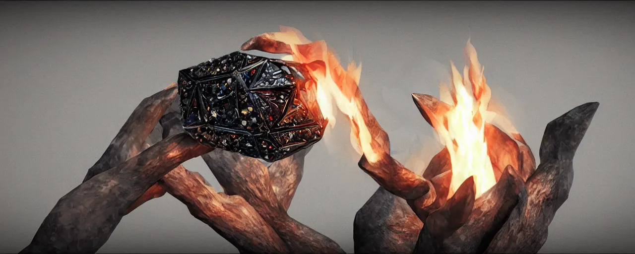 Image similar to black magic crystal ring, fire, flame, crystal, engravings, diamonds, product design, art by gerald brom, greg rutkowski and artgerm, photo realism, unreal engine, c 4 d