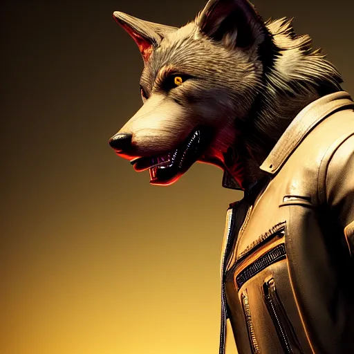 Image similar to 3d render of detective canis lupus wolf muzzle wearing a leather jacket in cyberpunk 2077