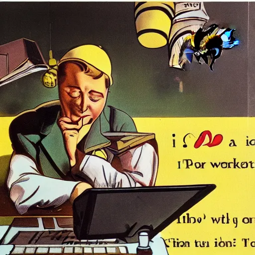 Prompt: a man sleeping at a computer is stung by a bumblebee, ww 2 propaganda poster, no text, highly detailed