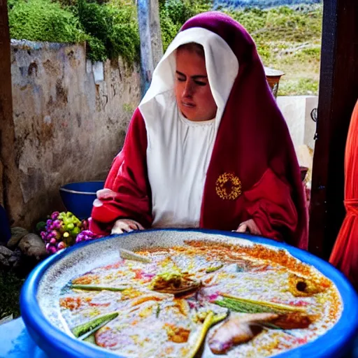 Image similar to la virgen maria haciendo una paella