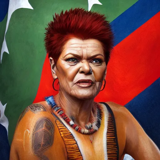Prompt: portrait of Pauline Hanson as an Australian Aboriginal, carying the Aboriginal flag by greg rutkowski, very coherent, hyper realism, high detail, vivid colors, octane render, unreal engine, 8k, Smooth gradients, High contrast, depth of field by Jacek Yerka