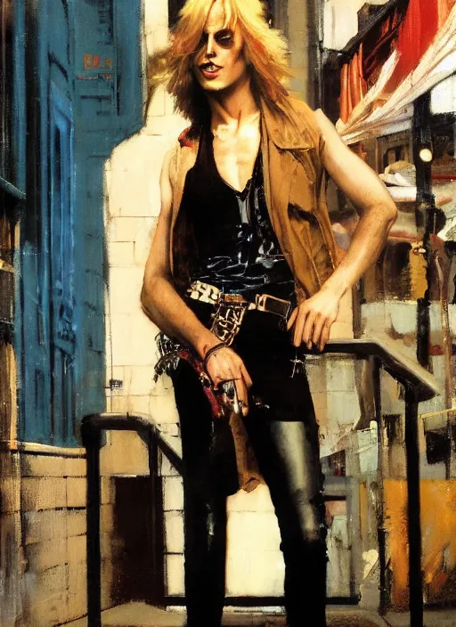 Image similar to androgynous glam rocker outside cbgb in the style of phil hale, sfumato Orientalist portrait by john william waterhouse and James Gurney and Theodore Ralli and Nasreddine Dinet, Syd Mead, Phil Hale, oil on canvas. Cinematic, hyper realism, realistic proportions, dramatic lighting, high detail 4k