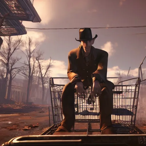 Prompt: nick valentine is sitting in a shopping cart, realism, stylization for fallout 4