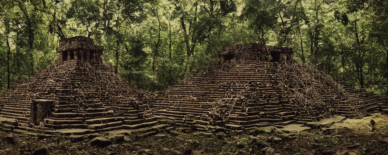 Prompt: an ancient aztec temple in the middle of the forest made out of spaghetti, canon 5 0 mm, cinematic lighting, photography, retro, film, kodachrome