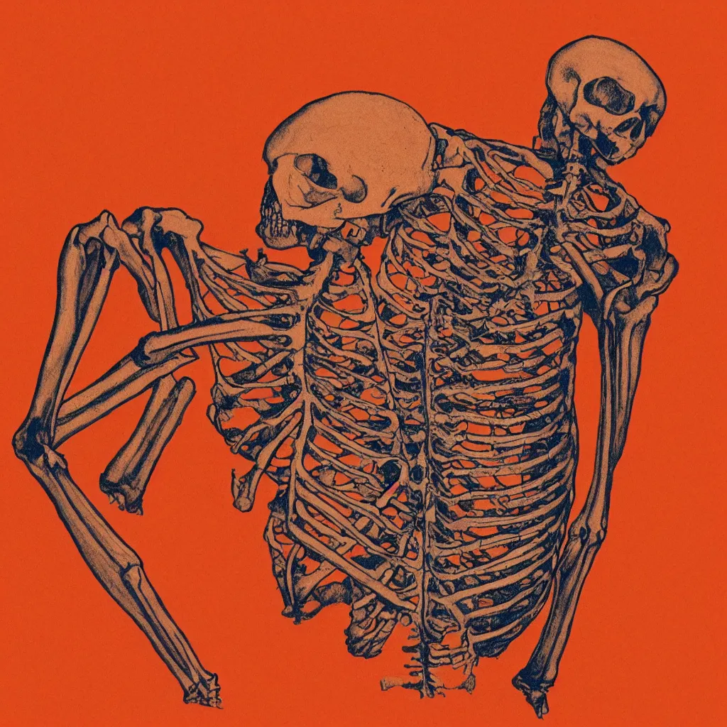 Image similar to vivid risograph of one skeleton on orange background