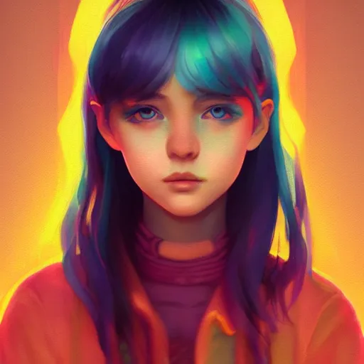 Image similar to portrait of teen girl, art by Ross tran, vivid color palette, digital painting, 3D, octane render, post process in Photoshop, highly detailed