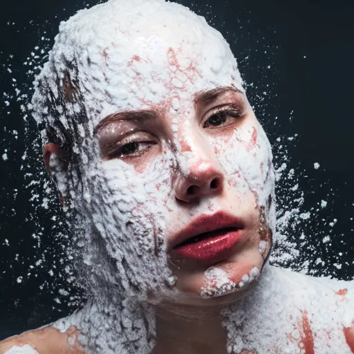 Prompt: a person bathing in hydrogen peroxide, portrait photograph