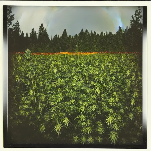 Image similar to very beautiful polaroid photo of a cannabis meadow near a pond on a clear day with a rainbow