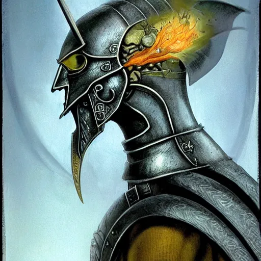 Image similar to ( ( ( head and shoulders portrait of a gaunt noseless yellow - skinned bald githyanki warrior in a breastplate, wielding a magical silver greatsword ) ) ), dave mckean, hr giger, peter mohrbacher, d & d, fantasy, medieval