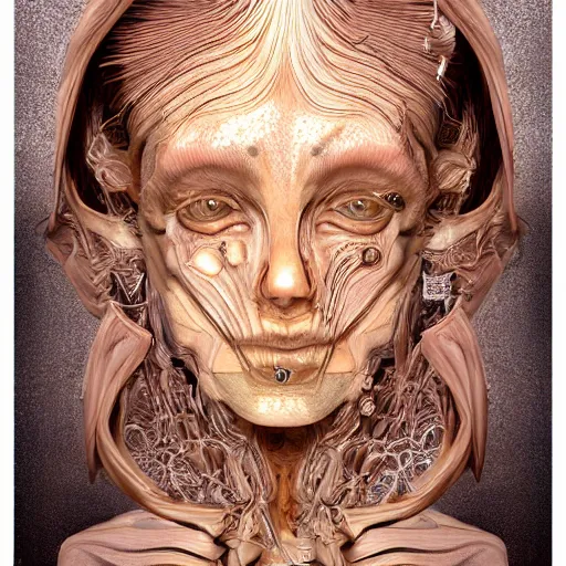 Image similar to beatifull face portrait of a woman, 150 mm, anatomical, flesh, flowers, mandelbrot fractal, facial muscles, veins, arteries, intricate, golden ratio, full frame, microscopic, elegant, highly detailed, ornate, ornament, sculpture, elegant , luxury, beautifully lit, ray trace, unreal, 3d, PBR, in the style of peter Gric , alex grey and Romero Ressendi