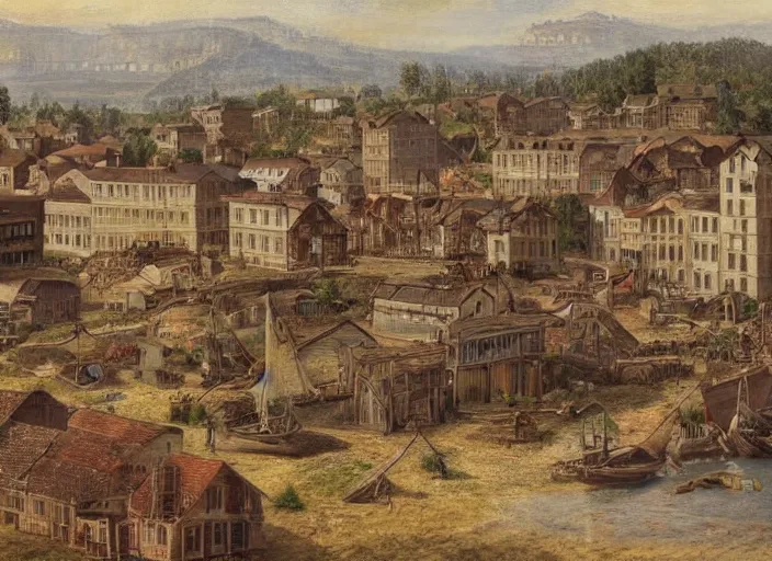 Prompt: realistic photo of a town, settlement, buildings, detailed scenery, classical time period