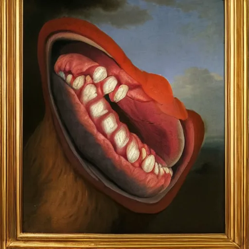 Image similar to Portrait of my teeth, soft rainbow, painting by Batoni, sad muppet eyes