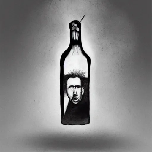 Image similar to Drinking from bottle Nicolas Cage in liquid form, Surrealism, Surreal drawing, Digital art, from artstation, art by Salvador Dali