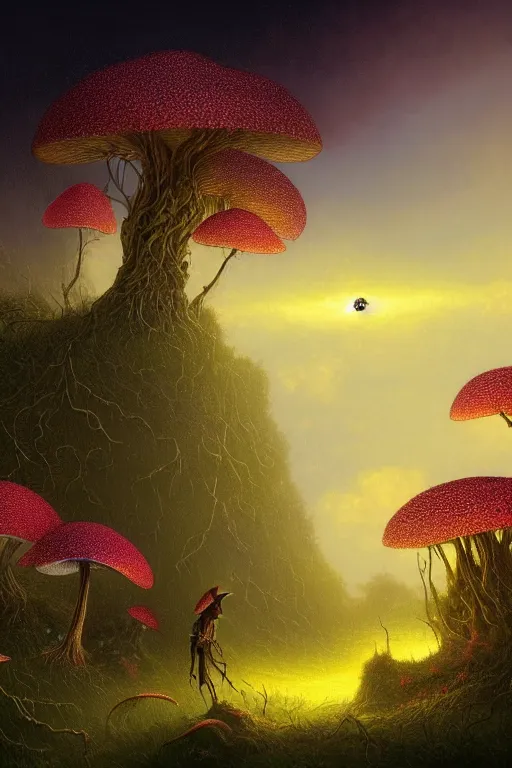 Image similar to a beautiful digital illustration painting of a detailed foreboding skies fantasy fireflies and roots, dark mushroom, flowers by benoit b. mandelbrot, steven belledin, martin johnson heade, lee madgwick, caspar david friedrich, and david rios ferreira. 8 k resolution trending on artstation concept art digital illustration