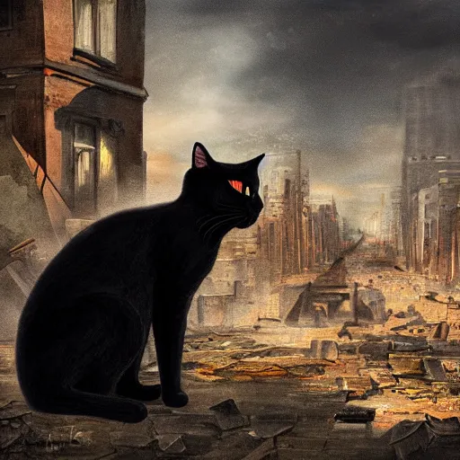 Image similar to a black cat looking at a destroyed city, by karcz, michal