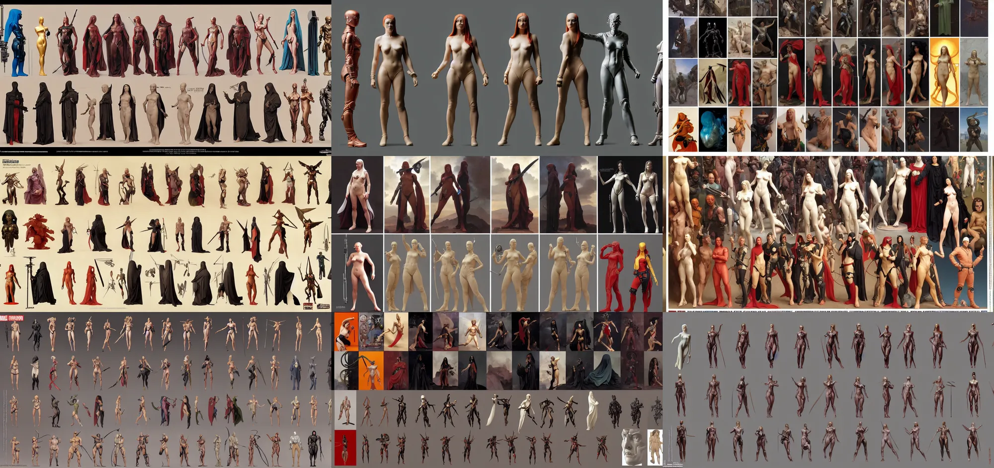 Prompt: character turnaround sheets, hot toys, badass female cyberpunk, by thomas blackshear and hieronymus bosch, by bouguereau and piero della francesca, zabrocki, karlkka, jayison devadas, ultra wide angle