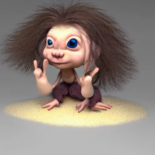 Image similar to cute little troll, with sticky up hair , 3D render , digital art