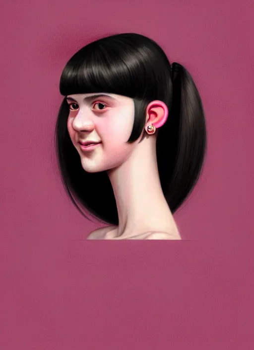 Image similar to portrait of teenage girl, realistic, black hair, bangs, half updo hairstyle, pointy nose, skinny, smile, ugly, defined jawline, big chin, pink hair bow, earrings, intricate, elegant, glowing lights, highly detailed, digital painting, artstation, sharp focus, illustration, art by wlop, mars ravelo and greg rutkowski