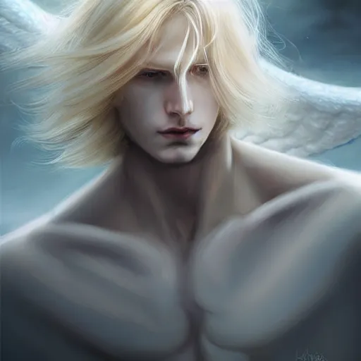 Image similar to digital art of a pale menacing male Cyborg Angel of Battle with long blond curls of hair and piercing eyes, johan liebert mixed with Dante, central composition, he commands the fiery power of resonance and wrath, very very long blond curly hair with bangs!!!, baroque curls, by Ross Tran Rossdraws and WLOP, Artstation, CGsociety