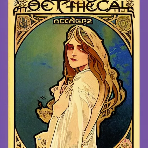 Image similar to female occult detective, painted by alphonse mucha