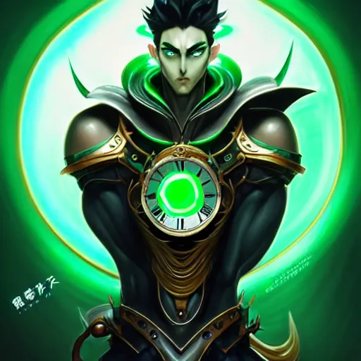 Image similar to a man with dark green hair, green glowing eyes that look like a clock, high detail clothing, fantasy, elegant, highly detailed, digital painting, artstation, concept art, smooth, sharp focus, illustration, artbook, dynamic pose, splash art, promo art, soul caliber, art by artgerm and greg rutkowski and bo chen and jin xiaodi