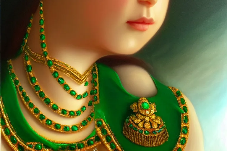 Image similar to highly detailed oil painting, front view, ornate, delicate, brilliant magical emerald choker, necklace on display, octane render, realistic, dramatic light,