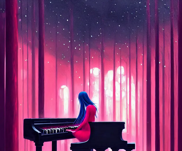 Image similar to a painting of a beautiful face gothic girl, pink hair in a stunning red dress playing a piano in the dark snowy forestby yoshitaka amano and alena aenami, cg society contest winner, retrofuturism, matte painting