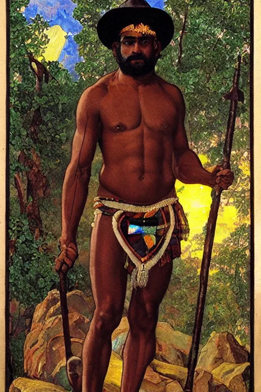 Prompt: a homoerotic symmetrical tarot card of a muscular shirtless dark skin south indian mountaineer on a mountain peak holding a wooden staff. he is wearing a highland tartan kilt, cowboy hat, and boots. background is a golden sunrise stained glass. art deco, art nouveau. by raja ravi varma, by louis comfort tiffany, by albert bierstadt. trending on artstation.