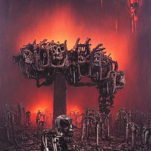 Image similar to terminator endoskeleton graveyard on fire by beksinski