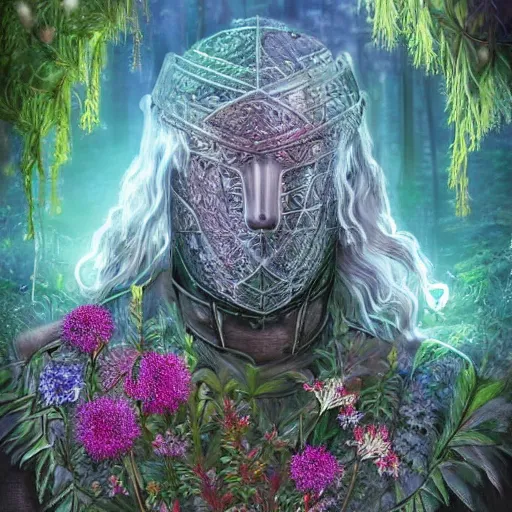 Prompt: a male knight, stern face, clear eyes, shining armour made of steel and flowers, and fractal flowery hair in a fractal garden, glowing delicate flower and ferns that grow in a dark fatansy forest,