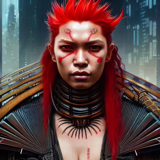 Image similar to portrait painting of a cyberpunk maori street samurai with spiky red hair, ultra realistic, concept art, intricate details, eerie, highly detailed, photorealistic, octane render, 8 k, unreal engine. art by artgerm and greg rutkowski and charlie bowater and magali villeneuve and alphonse mucha