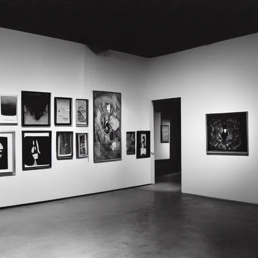 Image similar to A black and white photographie of an exhibition space with works of Sun Ra, Marcel Duchamp and tropical plants