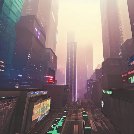 Image similar to cyberpunk city, two - point perspective