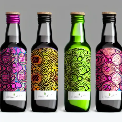 Prompt: african pattern packaging design, bold colours, playful, premium quality, glass bottle, packaging design, shots liquor, front label and bottle