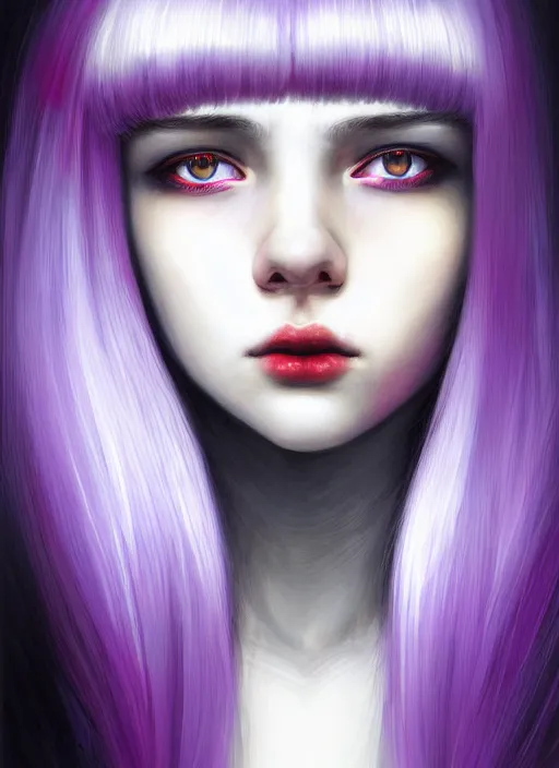 Image similar to hair whitebangs hair, black hair, blackbangswhitehair, portrait of teenage girl with white bangs, red irises, purple clothes, white bangs, bangs are different color from hair, intricate, elegant, glowing lights, highly detailed, digital painting, artstation, concept art, sharp focus, illustration, art by wlop, mars ravelo and greg rutkowski