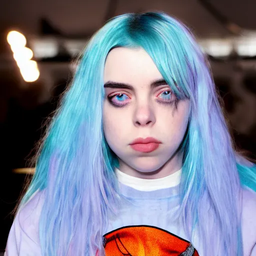 Image similar to Billie Eilish with fish eyes, XF IQ4, f/1.4, ISO 200, 1/160s, 8K, Sense of Depth, color and contrast corrected, Nvidia AI, Dolby Vision, symmetrical balance, in-frame