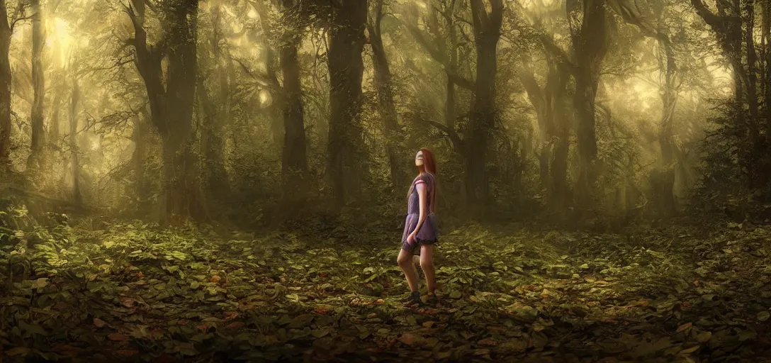 Image similar to A beautiful hyper realistic ultra detailed lifelike matte painting of a lost girl in the woods, unreal engine, deviantart, flickr, artstation, octane render, textured, colorful, extreme realistic detail, physically based rendering, pbr render, very detailed, volumetric lighting, detailed lighting, octane render, 4k, cinematic lighting, 8k resolution