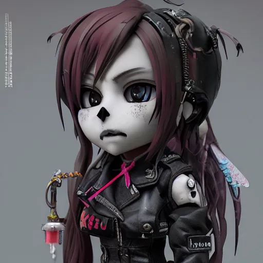 Image similar to portrait of a grungy skull anime and chibi very cute doll by super ss, cyberpunk fashion, nendoroid, kawaii, cyberpunk fashion, character modeling, maximalist sculpted design, toy design, substance 3 d painter, vray, soft vinyl, trending in artstation