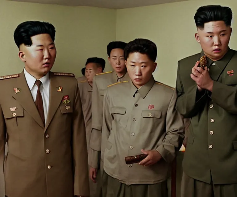 Image similar to hyperralism pineapple express movie still photography of real detailed north korean kim chen with detailed face smoking detailed weed in detailed basement bedroom