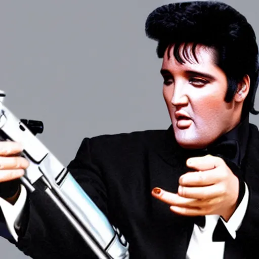 Prompt: elvis as tony montana in scarface with a tommy gun