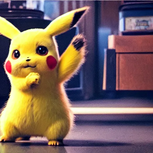 Image similar to movie still of fat detective Pikachu