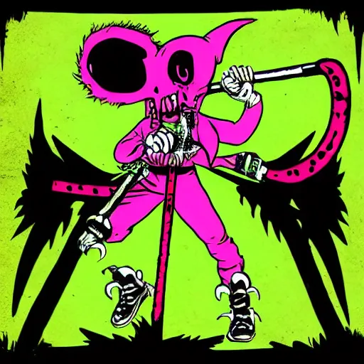 Image similar to punk aesthetic demon in 8 0 s clothing using nunchucks to fight ghosts in a forrest hellscape.