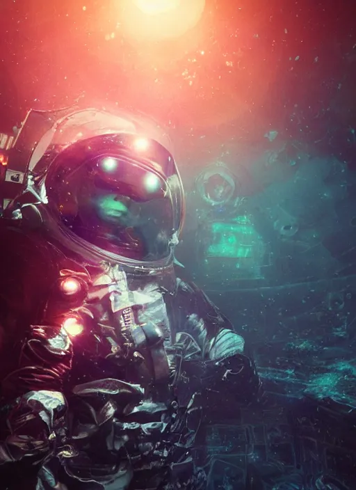 Image similar to complex poster by craig mullins astronaut in futuristic dark and empty spaceship underwater. infrared glowing lights. complex and hyperdetailed technical pink suit. reflection and dispersion materials. rays and dispersion of light. volumetric light. 5 0 mm, f / 3 2. noise film photo. lens flare. flash photography. unreal engine 4, octane render. interstellar movie art