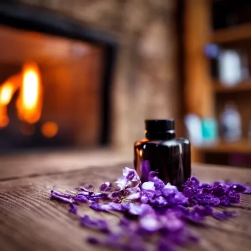 Image similar to an old - fashioned bottle of purple ink on a wooden table in a dim cabin, fireplace in the background, depth of field, 8 k award - winning photography