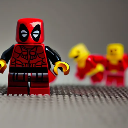 Image similar to deadpool as lego character, bokeh, photo, hyperrealistic, detailed textures and soft studio lighting, soft shadows, sharp focus, extreme detail, hyper realistic, award winning photo